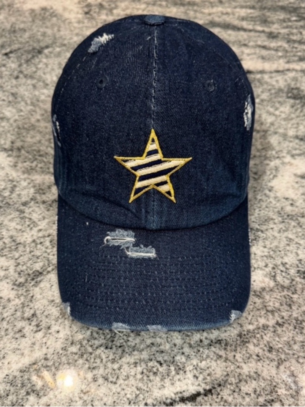 New Custom Designed Dark Blue Distressed Baseball Cap with Navy Striped Star